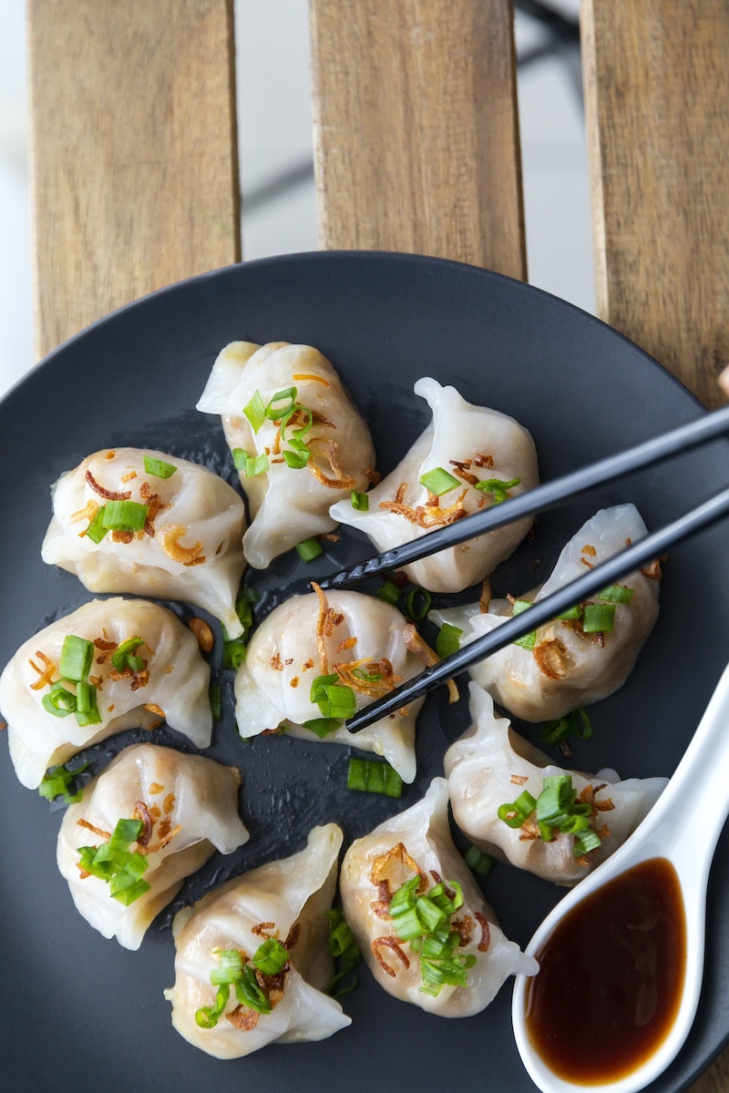 Dumplings on Blue Ceramic Bowl